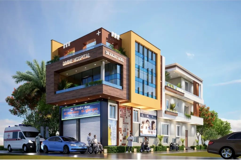 Divine Hospital building with Dr. Rajat Goel signage in Fatehgarh, Farrukhabad